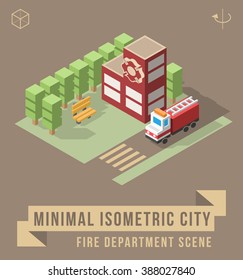 Set of Isolated Isometric Minimal City Elements. Fire Department Scene with Shadows.