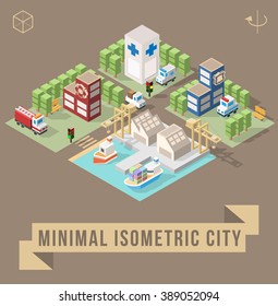 Set of Isolated Isometric Minimal City Elements. Town with Shadows.