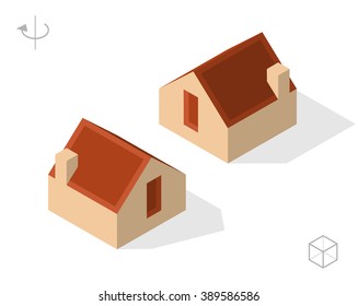 Set of Isolated Isometric Minimal City Elements. House with Shadows on White Background.