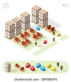 Set of Isolated Isometric Minimal City Elements. Town with Shadows on White Background.