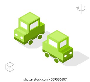 Set of Isolated Isometric Minimal City Elements. Green Car with Shadows on White Background.