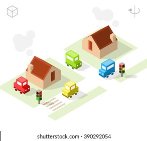 Set of Isolated Isometric Minimal City Elements. Town with Shadows on White Background.