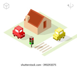 Set of Isolated Isometric Minimal City Elements. Town with Shadows on White Background.