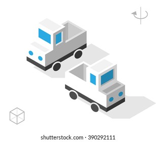 Set of Isolated Isometric Minimal City Elements. White Pickup Truck with Shadows on White Background.