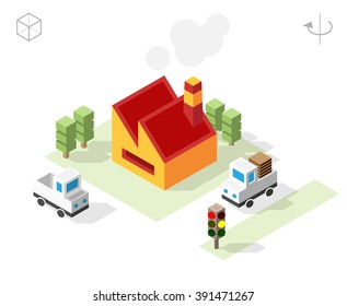 Set of Isolated Isometric Minimal City Elements. Factory Scene with Shadows on White Background.