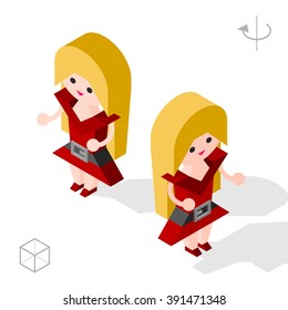 Set of Isolated Isometric Minimal City Elements. Woman with Shadows on White Background.