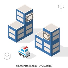 Set of Isolated Isometric Minimal City Elements. Police Department with Shadows on White Background.
