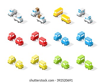Set of Isolated Isometric Minimal City Elements. Vehicles with Shadows on White Background.
