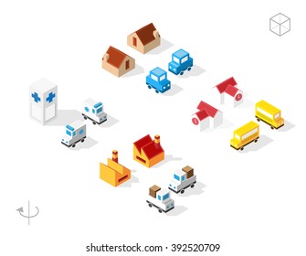 Set of Isolated Isometric Minimal City Elements. Buildings and Vehicles with Shadows on White Background.