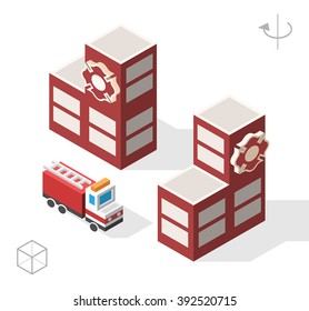 Set of Isolated Isometric Minimal City Elements. Fire Station with Shadows on White Background.