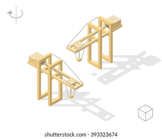 Set of Isolated Isometric Minimal City Elements. Crane with Shadows on White Background.