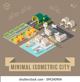 Set of Isolated Isometric Minimal City Elements. Town with Shadows on Dark Background.