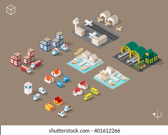 Set of Isolated Isometric Minimal City Elements. Buildings and Vehicles with Shadows.