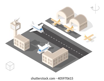 Set of Isolated Isometric Minimal City Elements. Airport with Shadows on White Background.