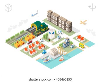 Set of Isolated Isometric Minimal City Elements. Town with Shadows on White Background.