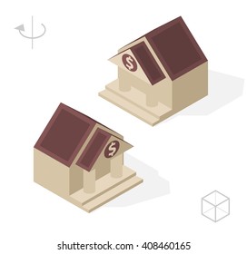 Set of Isolated Isometric Minimal City Elements. Bank with Shadows on White Background.