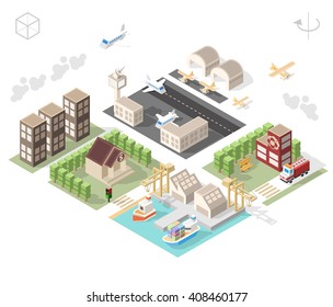 Set of Isolated Isometric Minimal City Elements. Town with Shadows on White Background.