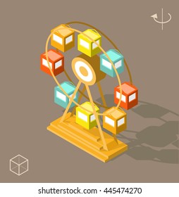 Set of Isolated Isometric Minimal City Elements. Ferris Wheel with Shadows on Dark Background.