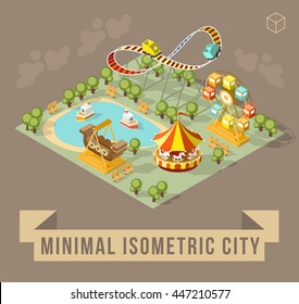 Set of Isolated Isometric Minimal City Elements. Theme Park with Shadows on Dark Background.