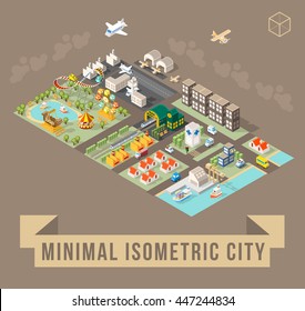 Set of Isolated Isometric Minimal City Elements. Town with Shadows on Dark Background.