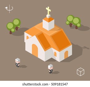 Set of Isolated Isometric Minimal City Elements. Church with Shadows on Dark Background.