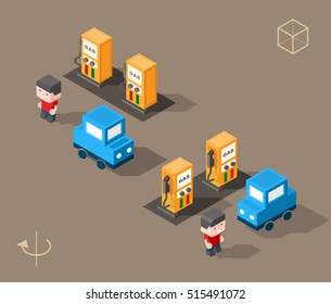 Set of Isolated Isometric Minimal City Elements. Petrol Station with Shadows on White Background.