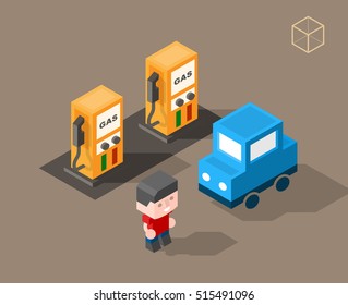 Set of Isolated Isometric Minimal City Elements. Petrol Station with Shadows on White Background.