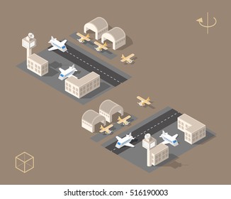Set of Isolated Isometric Minimal City Elements. Airport with Shadows on Dark Background.