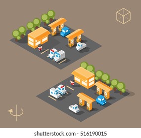 Set of Isolated Isometric Minimal City Elements. Petrol Station with Shadows on White Background.