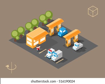 Set of Isolated Isometric Minimal City Elements. Petrol Station with Shadows on White Background.