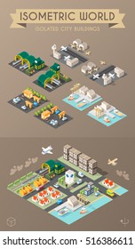 Set of Isolated Isometric Minimal City Elements. Petrol Station , Airport , Railway Station and Harbor with Shadows on Dark Background.
