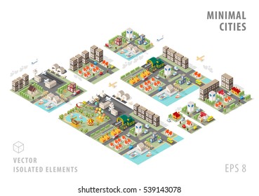 Set of Isolated Isometric Minimal City Maps. Elements with Shadows on White Background.