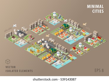 Set of Isolated Isometric Minimal City Maps. Elements with Shadows on Dark Background.