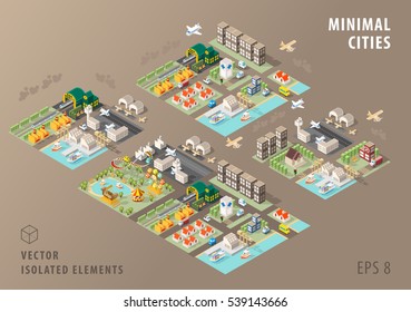 Set of Isolated Isometric Minimal City Maps. Elements with Shadows on Dark Background.