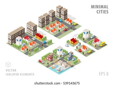 Set of Isolated Isometric Minimal City Maps. Elements with Shadows on White Background.