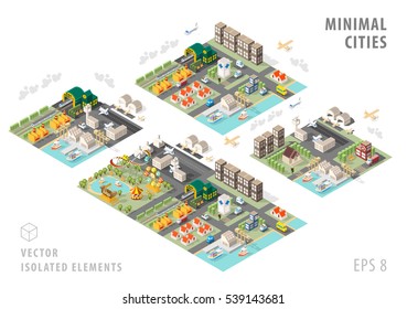 Set of Isolated Isometric Minimal City Maps. Elements with Shadows on White Background.