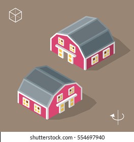 Set of Isolated Isometric Minimal City Elements. Barn with Shadows on Dark Background.