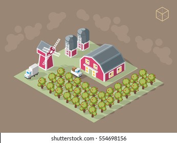 Set of Isolated Isometric Minimal City Elements. Farm with Shadows on Dark Background.