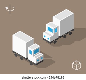 Set of Isolated Isometric Minimal City Elements. Truck with Shadows on Dark Background.