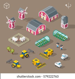 Set of Isolated Isometric Minimal City Elements . Farm with Shadows on Dark Background.