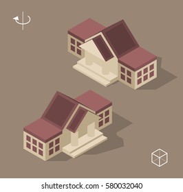 Set of Isolated Isometric Minimal City Elements . Town Hall with Shadows on Dark Background