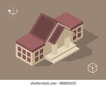 Set of Isolated Isometric Minimal City Elements . Town Hall with Shadows on Dark Background