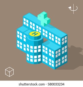 Set of Isolated Isometric Minimal City Elements . Hospital with Shadows on Dark Background
