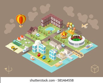 Set of Isolated Isometric Minimal City Elements . Town with Shadows on Dark Background