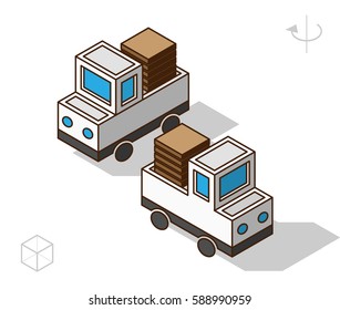 Set of Isolated Isometric Minimal City Elements. White Pickup Truck with Shadows on White Background