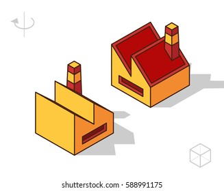 Set of Isolated Isometric Minimal City Elements . Factory with Shadows