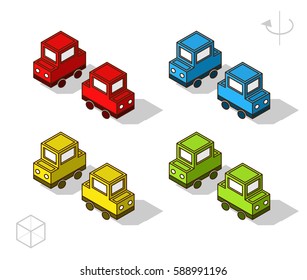 Set of Isolated Isometric Minimal City Elements. Color Cars with Shadows on White Background