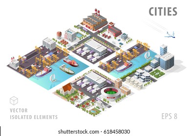 Set of Isolated Isometric Minimal City Maps. Elements with Shadows on White Background.