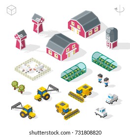 Set of Isolated Isometric Minimal City Elements . Farm with Shadows on White Background