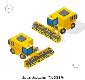 Set of Isolated Isometric Minimal City Elements . Harvester with Shadows on White Background